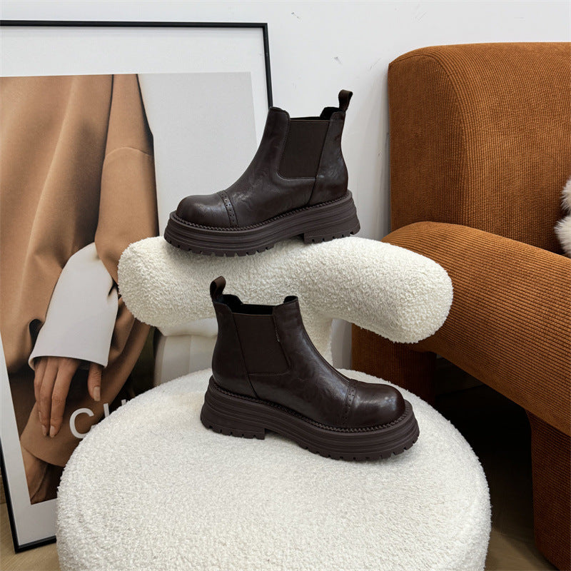 Women's Height Increasing Insole Round Toe Chelsea Autumn Women's Leather Boots