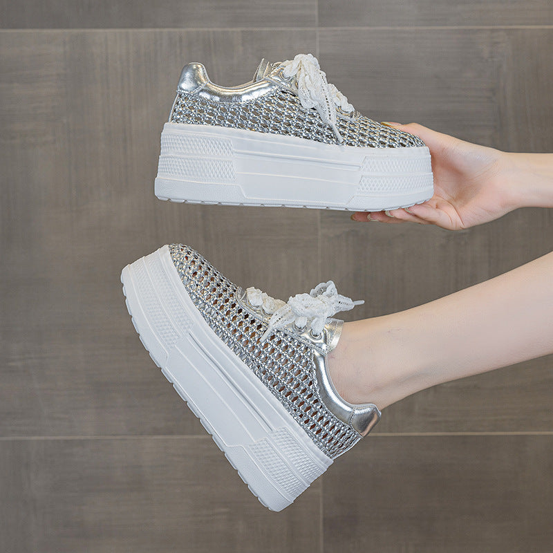 Women's Thick-soled Hollowed Fashion Summer Woven Breathable White Women's Casual Shoes