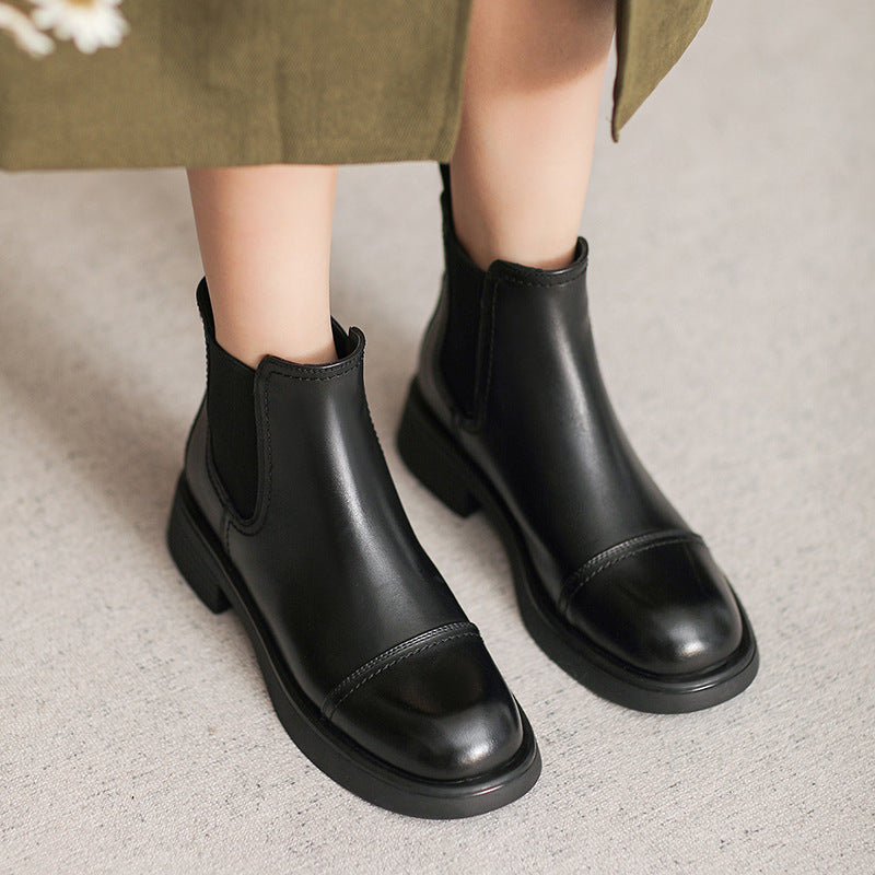 British Style Flat Cowhide Ankle Vintage Boots