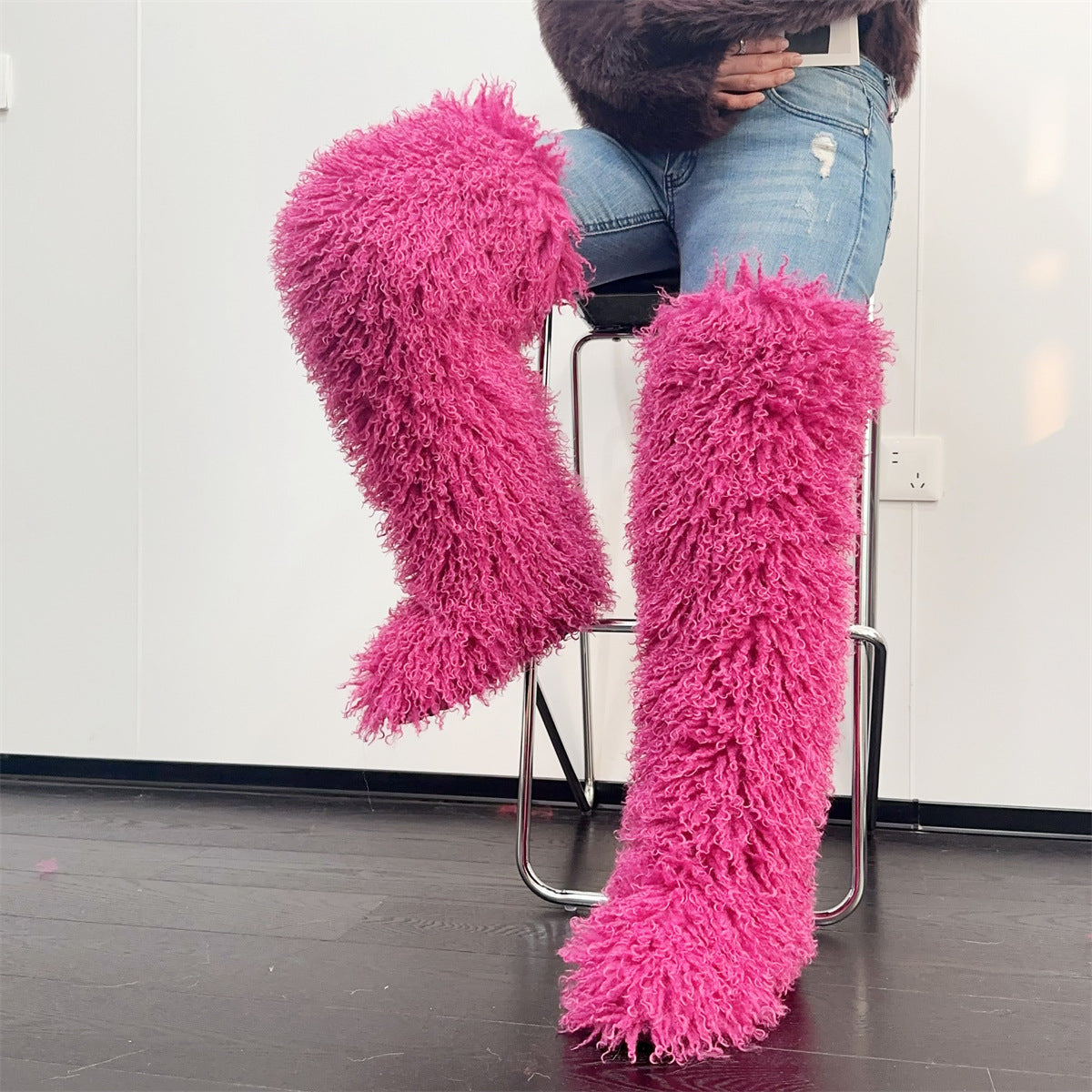 Imitated Tibet Sheep Fur Thigh Height Over Women's Snow Boots