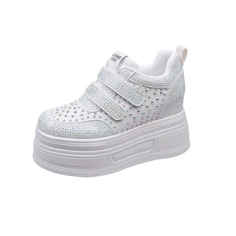 Women's White Rhinestone Single Mesh Height Increasing Insole Women's Casual Shoes