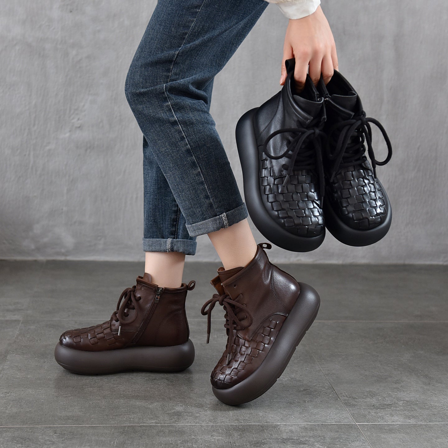 Women's Cowhide Hand-woven Muffin Bottom Booties Thick-soled Women's Leather Boots