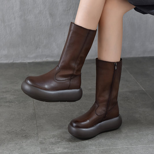 Round Head Thick Bottom Side Zipper Women's Leather Boots