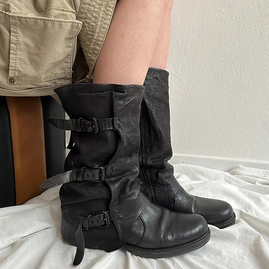 Women's Outer Wear Retro Side Zipper Distressed Pants Tube Boots