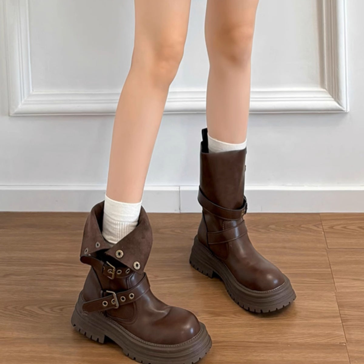 Women's Thick-soled Mid Short British Style Retro Brown Martin Women's Leather Boots