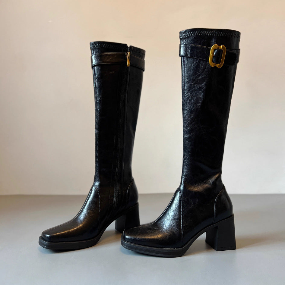 Women's Hot Style High Long Belt Buckle Square Head Leggings Skinny Heels