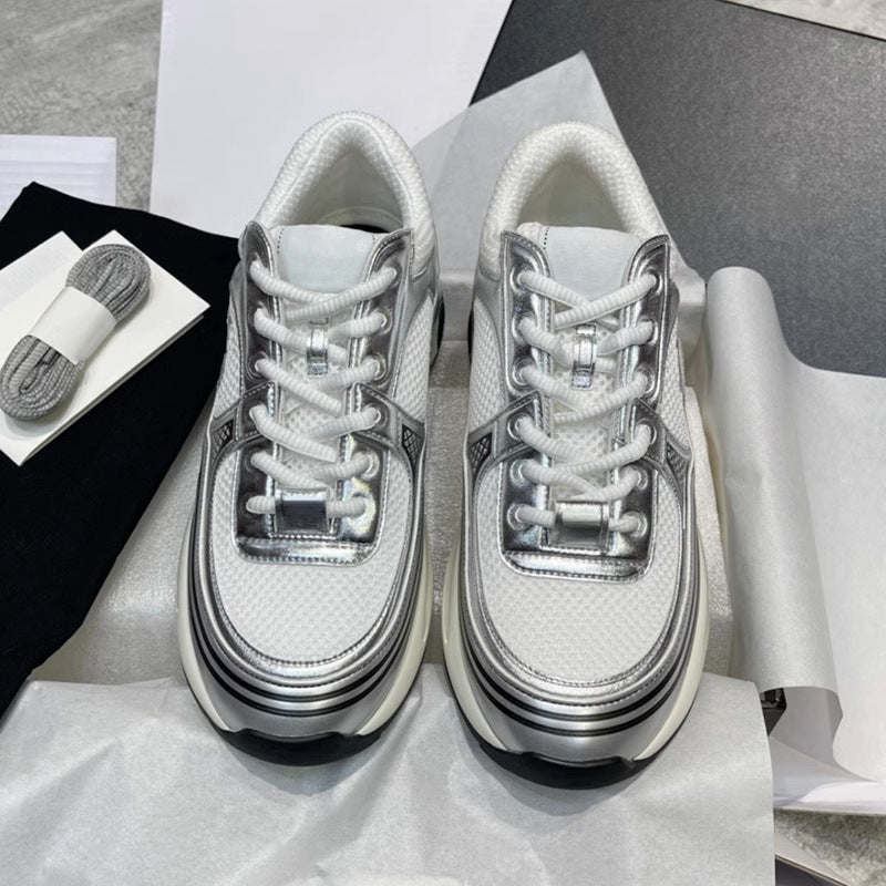 Women's Classic Style Sier Horn King Platform Dad Mesh Stitching Height Sneakers