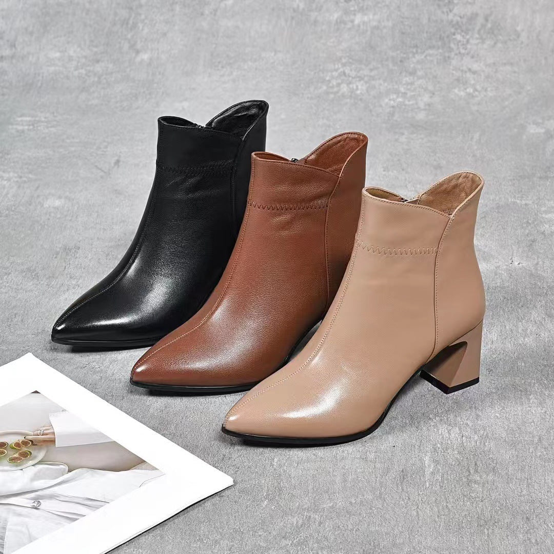 Women's Genuine Flat Soft Booties Pointed Toe Chunky Women's Leather Boots