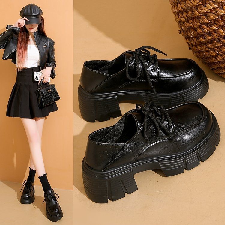 Women's Platform Black Chunky Height Increasing Commuter French Pumps British Women's Fashion Shoes
