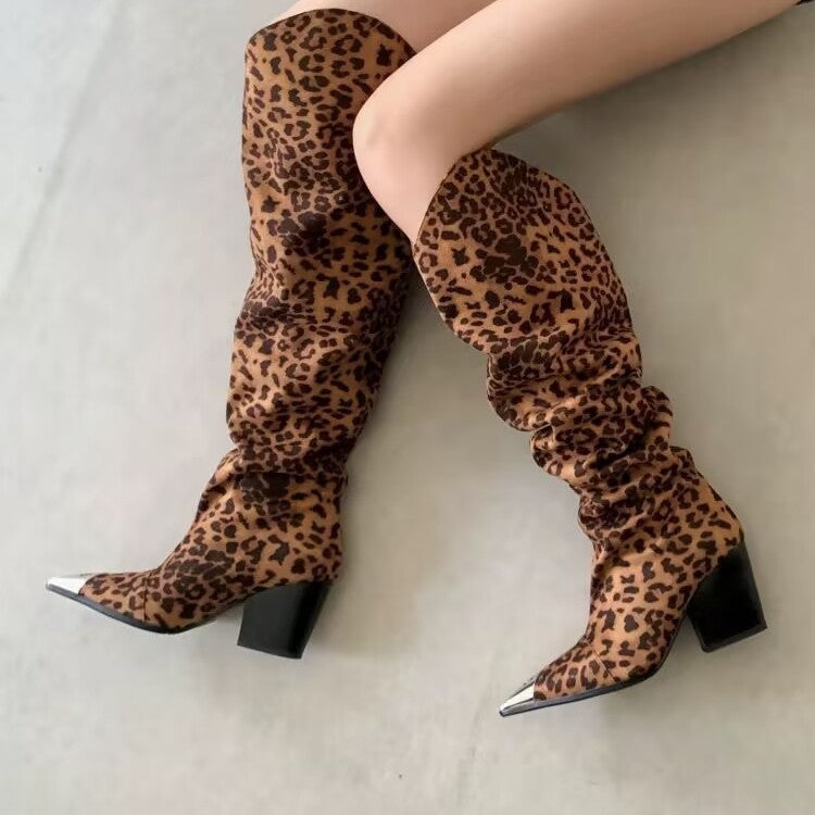 Hot Leopard Print Oversized Pointed Toe Pile Style Chunky Women's Leather Boots