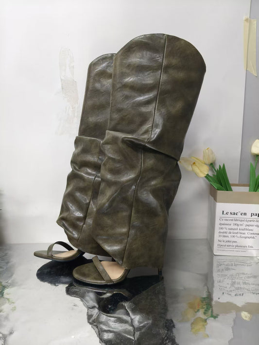 Women's Round Toe Open Stilettos High-heeled Strap Pleated Slip-on Plus Women's Leather Boots