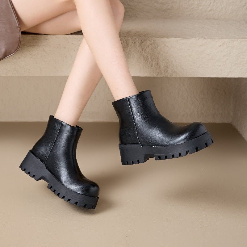 Women's Martin Smoke Pipe Black Round Chunky Women's Leather Boots