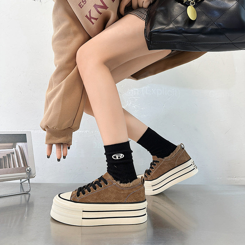 Women's Rabbit Fur Mouth Fleece-lined White Winter Platform Frosted Round Head Women's Casual Shoes