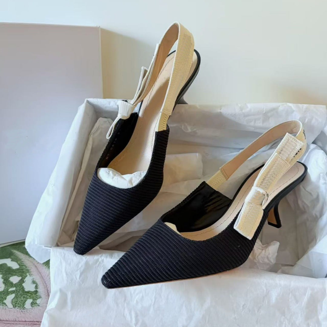 Women's Embroidery Knitted Back Empty Toe Cap Heels