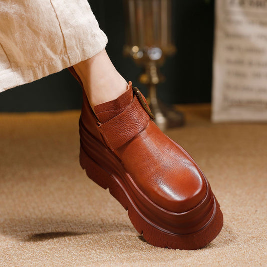 Women's Platform First Layer Cowhide Light Luxury Muffin Bottom Lightweight Women's Leather Boots
