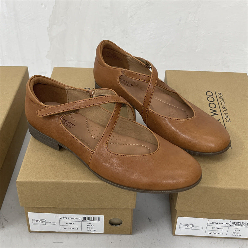 Women's Authentic Low Pumps First Layer Cowhide Round Toe Comfortable Casual Shoes