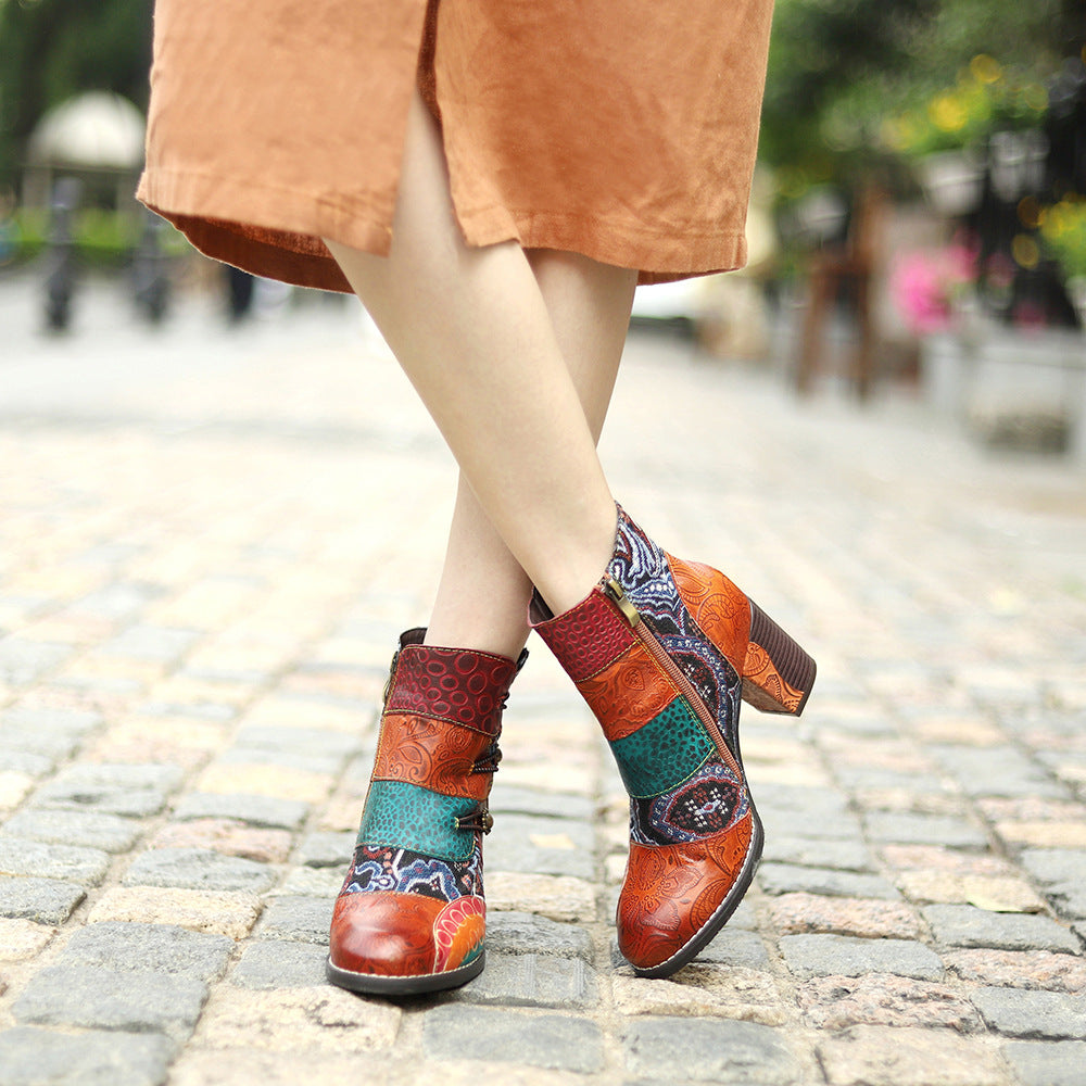 Women's Stitching Jacquard Techniques Fashion Comfortable Thick Women's Leather Boots