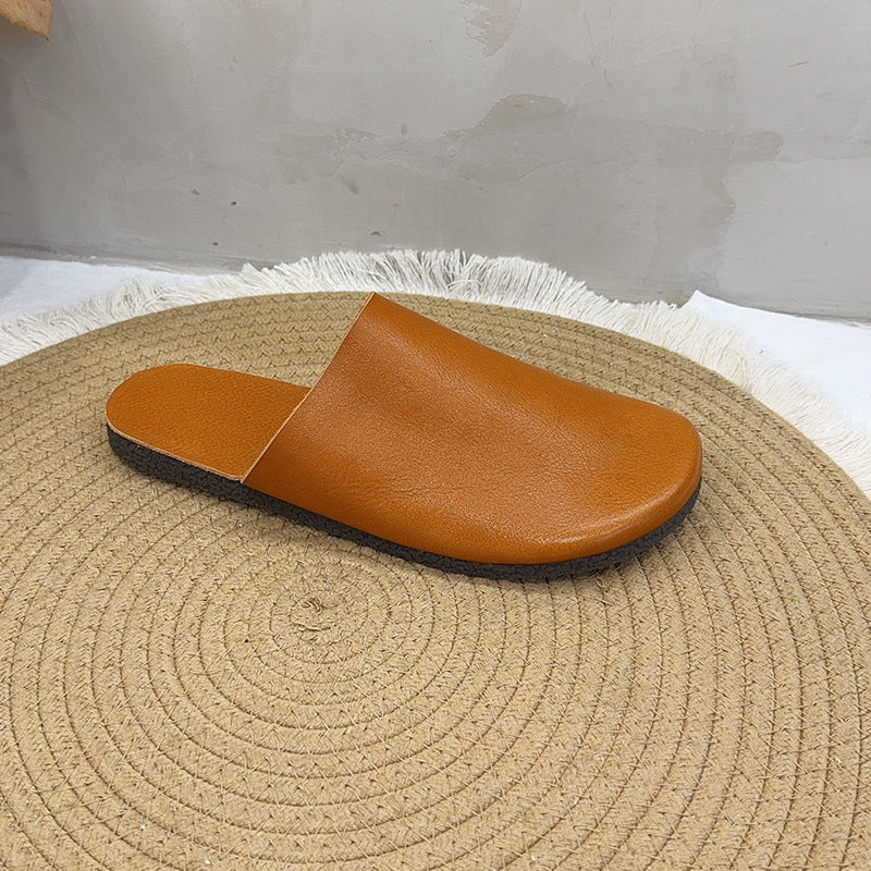Women's Summer Fashion Round Toe Bottom Top Layer Cowhide Retro Closed Flat Slippers