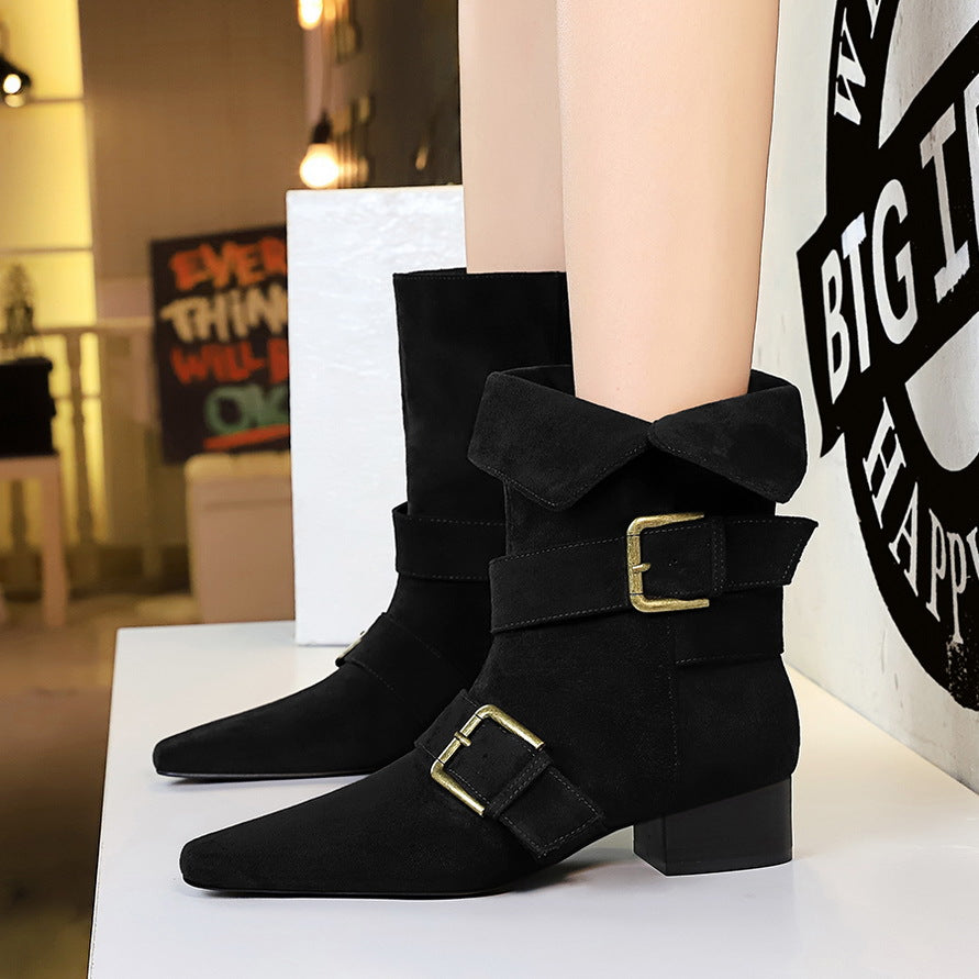 Women's Toe Belt Buckle Mid Chunky Suede Single Women's Leather Boots