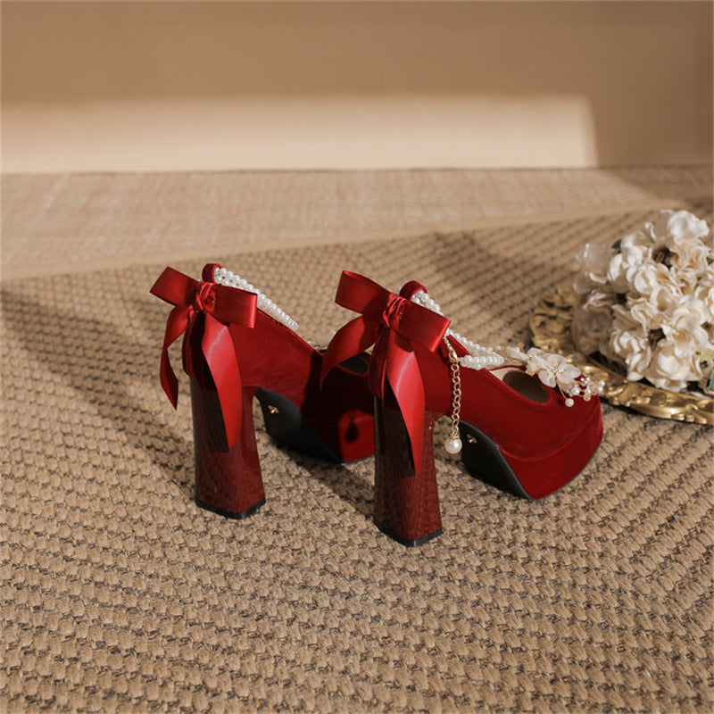 Women's Bride Dress Toasting Red Pearl Decoration Waterproof Heels
