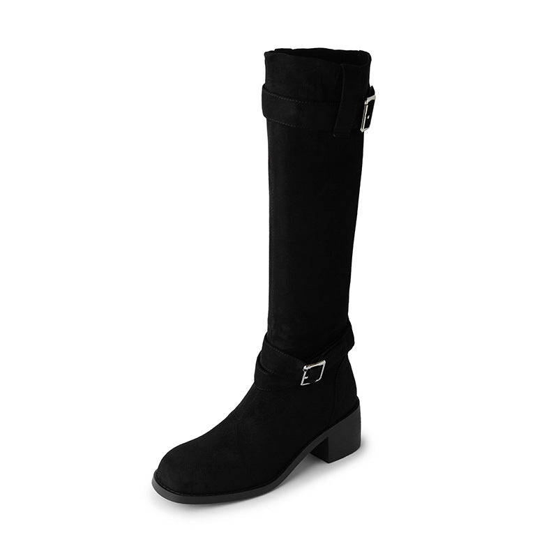 Women's Head Chunky Pile Style Genuine Long Suede Below The Knee Women's Leather Boots