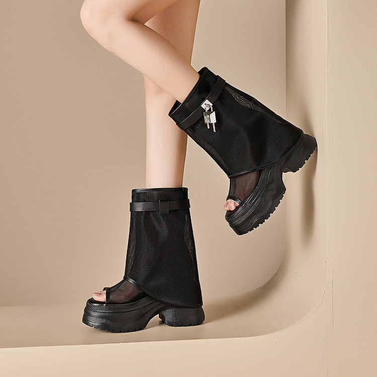 Women's Breathable Thick Bottom Chunky Smoke Pipe Women's Leather Boots