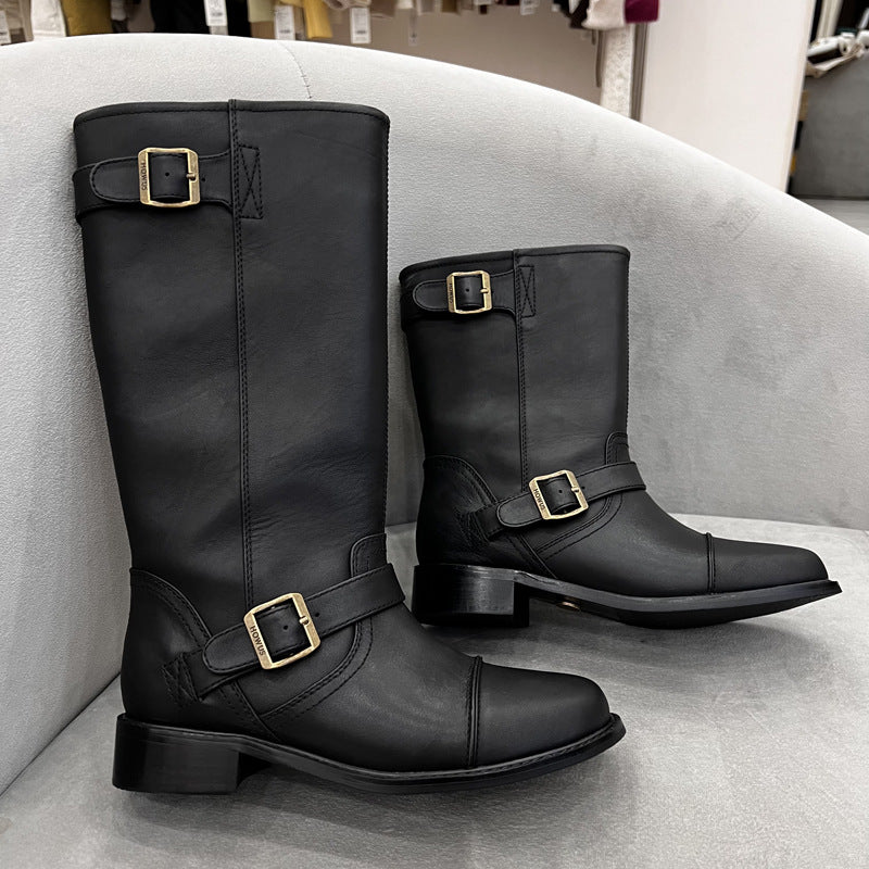 Cowhide Martin Autumn Retro Minority Thick Low Middle Western Women's Leather Boots