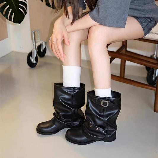 Women's Rivet Pants Knee-high Pleated Pile Style Invisible Elevated Retro Black Boots
