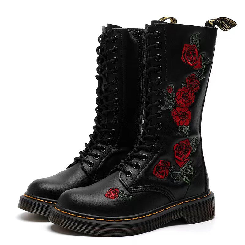 Women's British Motorcycle Long Round Toe Rose Large Women's Shoes