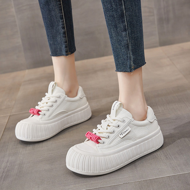 Women's Genuine Live White Spring Versatile Platform Muffin Sneakers