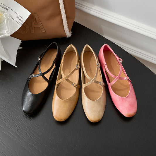 Women's Genuine Pumps Cross Mary Jane Retro Low-cut Women's Shoes