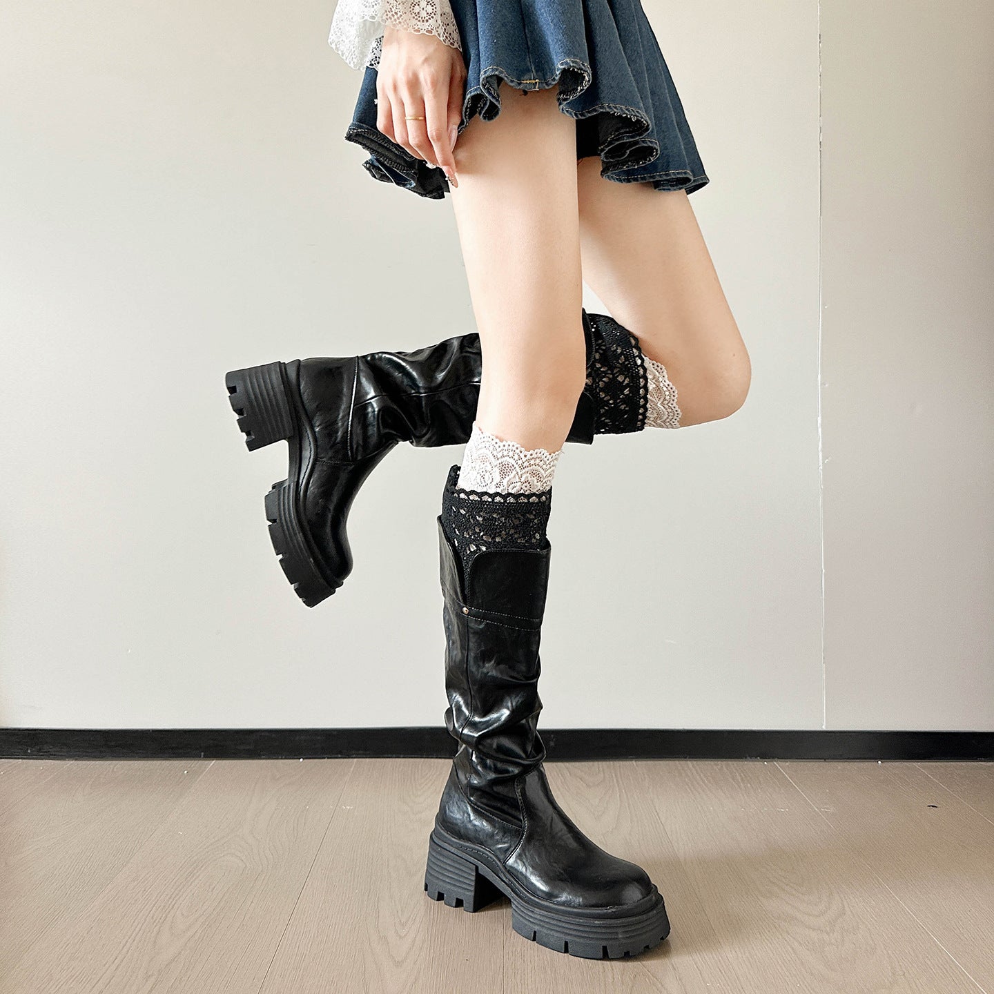 High Lace Chunky Platform Below The Knee Women's Leather Boots