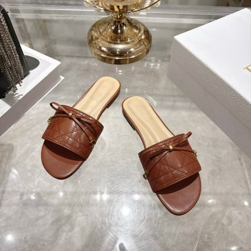 Quality Summer Electric Embroidery Rattan Plaid Bow Open Toe Flat Slippers