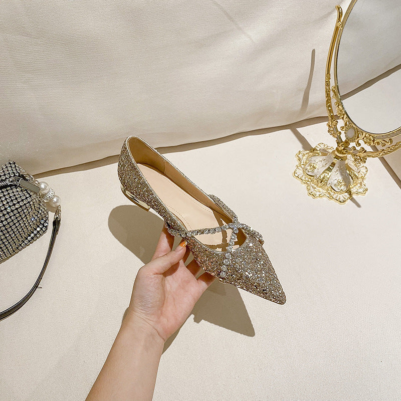 Women's Classic Wedding Flat Crystal Cross Pointed Toe Sequin Women's Fashion Shoes
