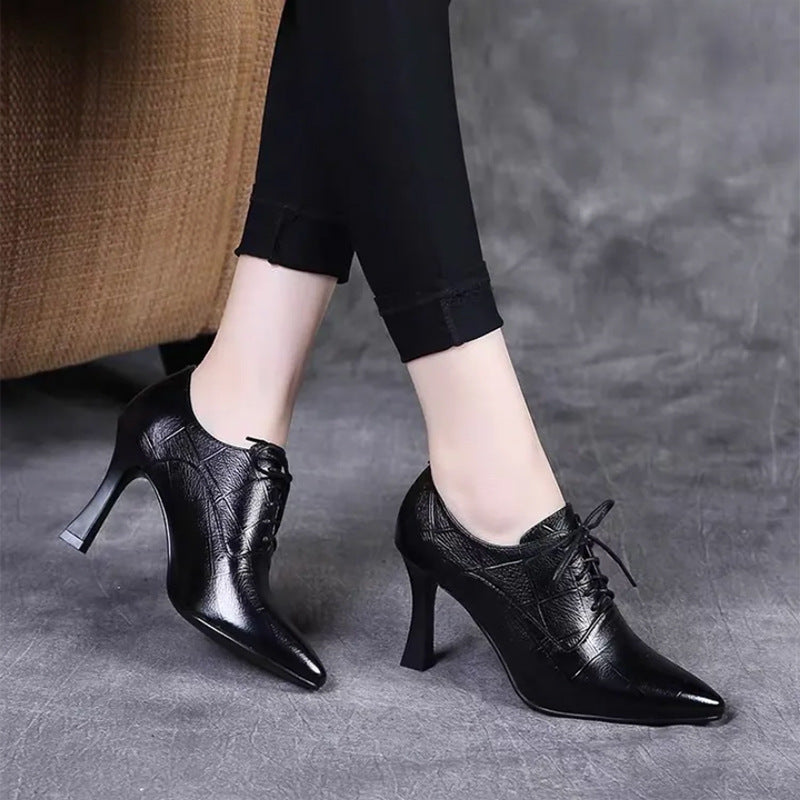 Women's Deep Mouth Pumps Spring Pointed Stiletto High Genuine Leather Shoes
