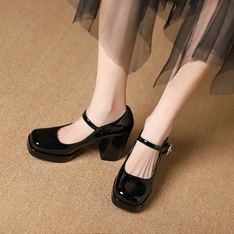 Women's High Mary Jane Waterproof Platform Square Heels