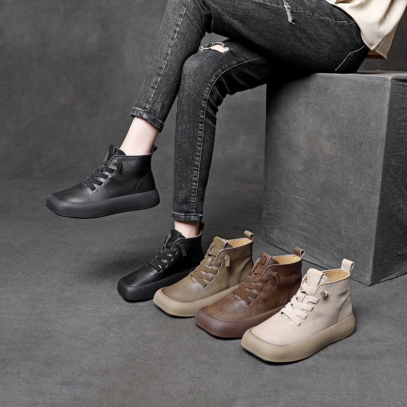 Lychee Pattern Genuine Retro Square Toe Martin Female Boots