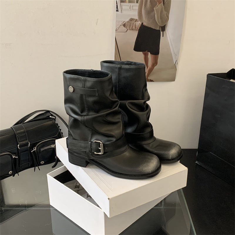 Women's Pleated Pile Style Black Round Vintage Genuine Chunky Women's Leather Boots