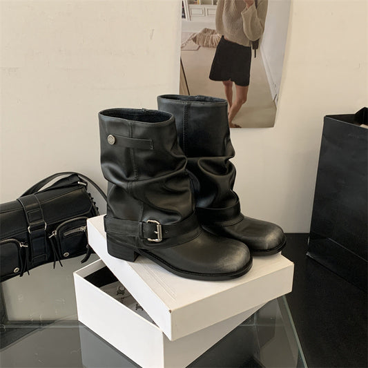 Women's Pleated Pile Style Black Round Vintage Genuine Chunky Women's Leather Boots