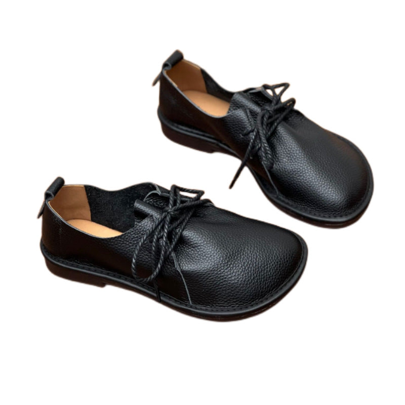 Women's Handmade Cowhide Four Retro Artistic Round Head Soft Bottom Large Leather Shoes