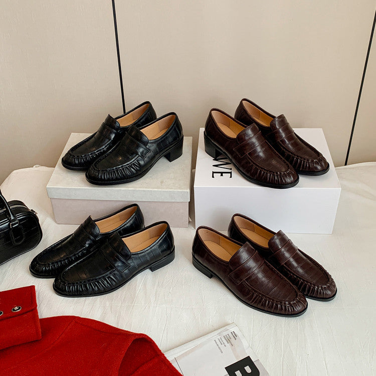 Women's Spring Genuine Inside Outside Round Toe Slip-on Thick Mid Deep Loafers
