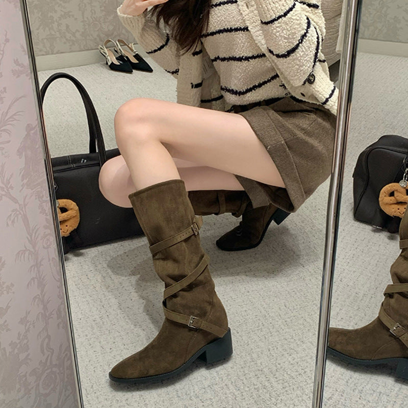 Large Long Leg Tip Round Head Cross With Thick High Boots
