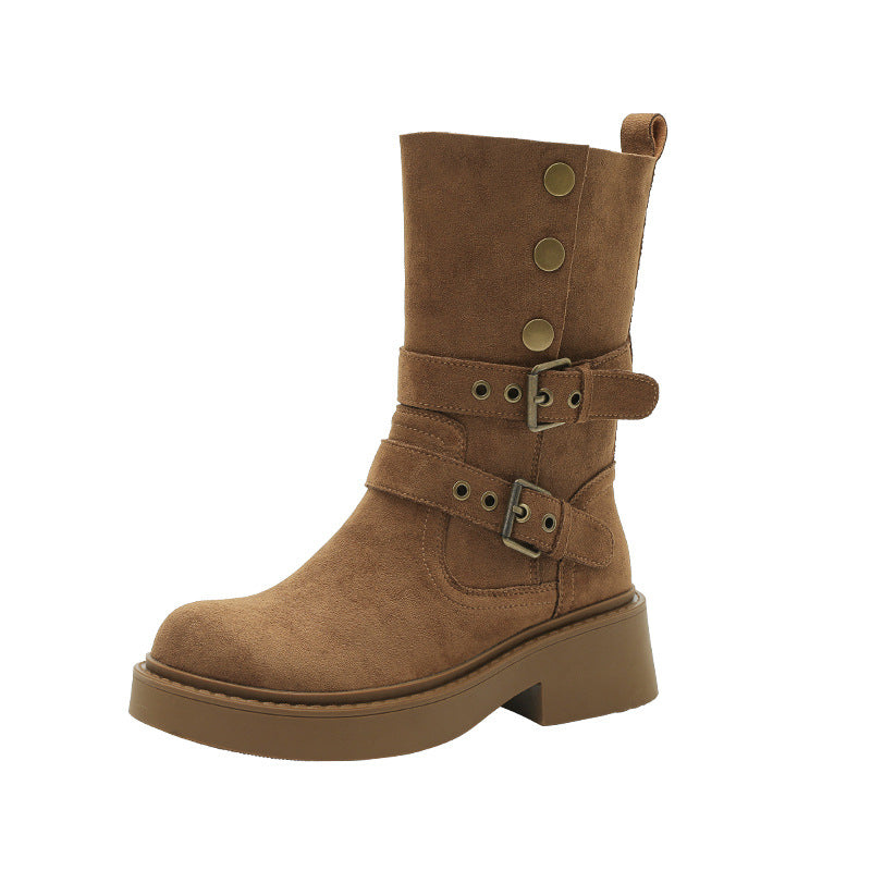Women's Thick-soled British Style Martin Slim Pile Women's Leather Boots
