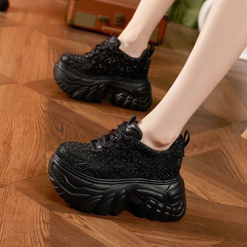 Women's Rhinestone Dad Summer Hollow Mesh Surface Versatile Thick Bottom Height Men's Shoes