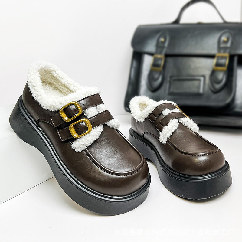 Women's Foot Beauty Power Fleece-lined Round Head Leather Shoes