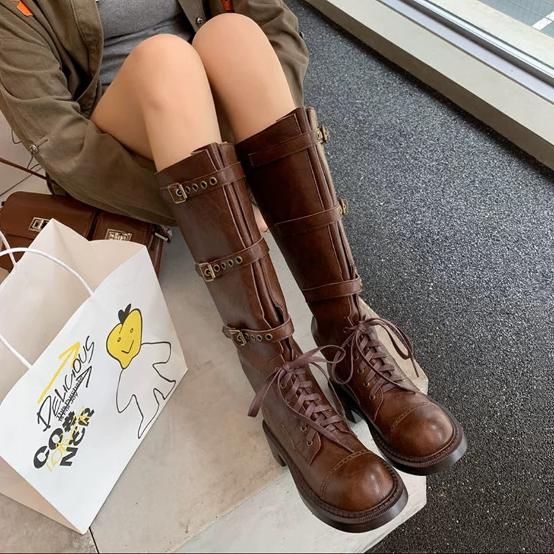 Women's High Tube Below The Knee Knight Retro Distressed Women's Leather Boots