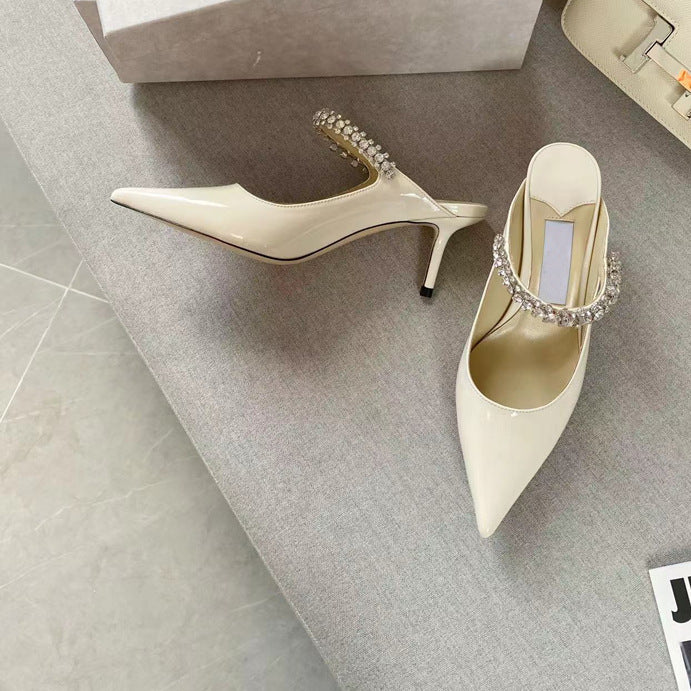Women's High Version Rhinestone Patent Pointed Toe Pumps Mules Flat Slippers