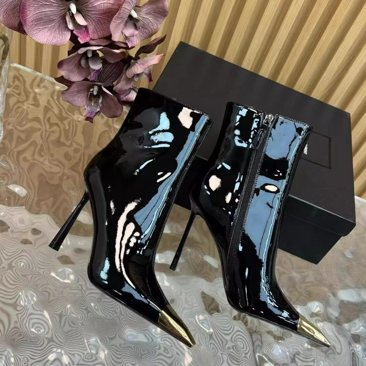 Women's Pu Pointed Toe Black High-heeled Short Stiletto Not Tired Feet Women's Leather Boots