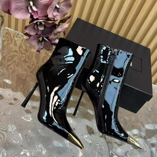 Women's Pu Pointed Toe Black High-heeled Short Stiletto Not Tired Feet Women's Leather Boots