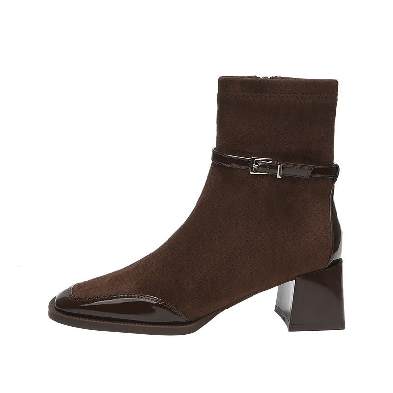 Women's Cashmere Stitching Square Toe Booties Chunky High Skinny Joker Women's Leather Boots